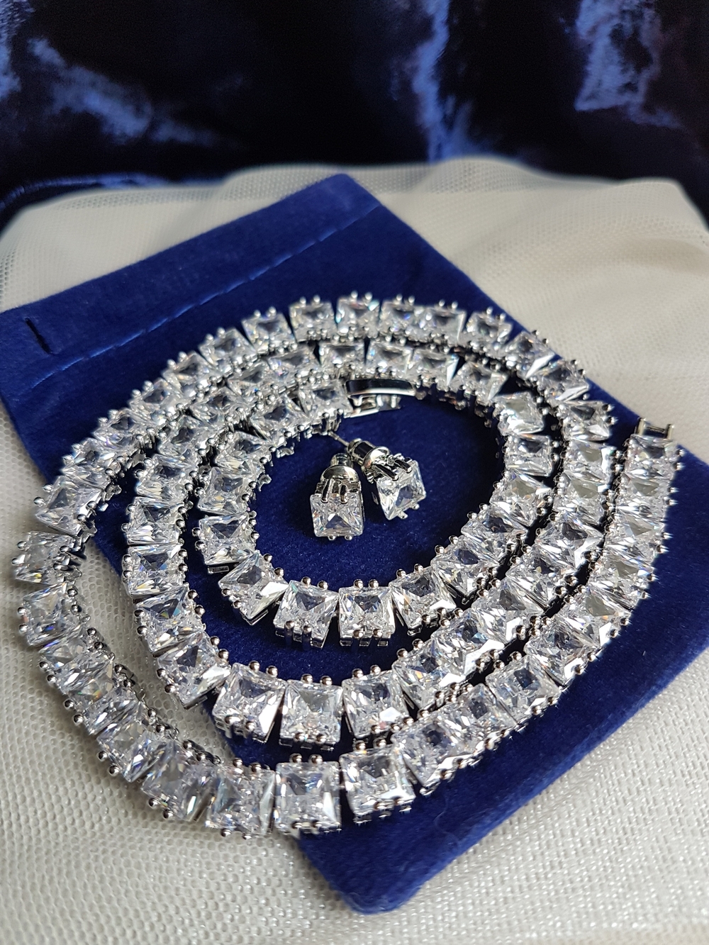 Swarovski Elements Square Princess-cut Tennis Necklace & Earrings SET NEW